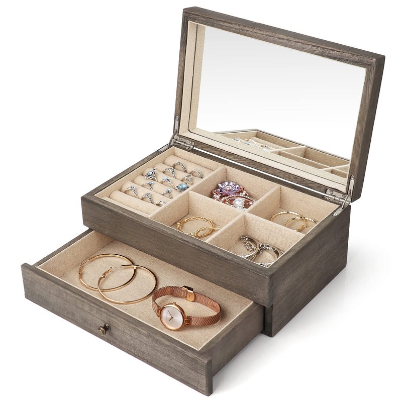 Meangood Jewelry Box Organizer for Women, 2 Layer Large Jewelry Storage Case, Rustic Wooden Jewelry Box with Mirror & Ring Tray for Necklace Earring Bracelets Rings, Vintage Style (Weathered Grey) - Image 1
